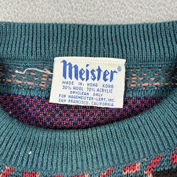 Vintage Meister‎ Sweater Mens Large Multicolor Geometric Knit Crewneck Birds 90s - Picture 3 of 7